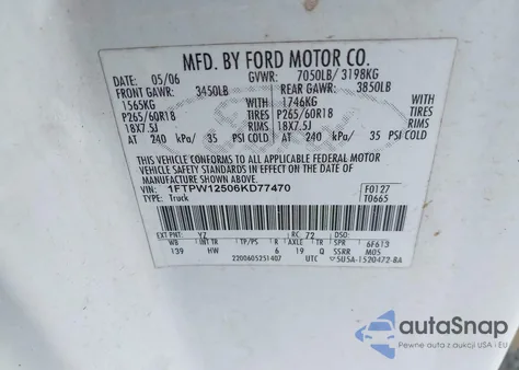 2006 Ford F-150 Lariat/Xlt from USA, damaged, VIN 1FTPW12506KD77470